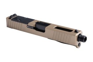 Complete FDE Glock slide with standard sights and threaded barrel.